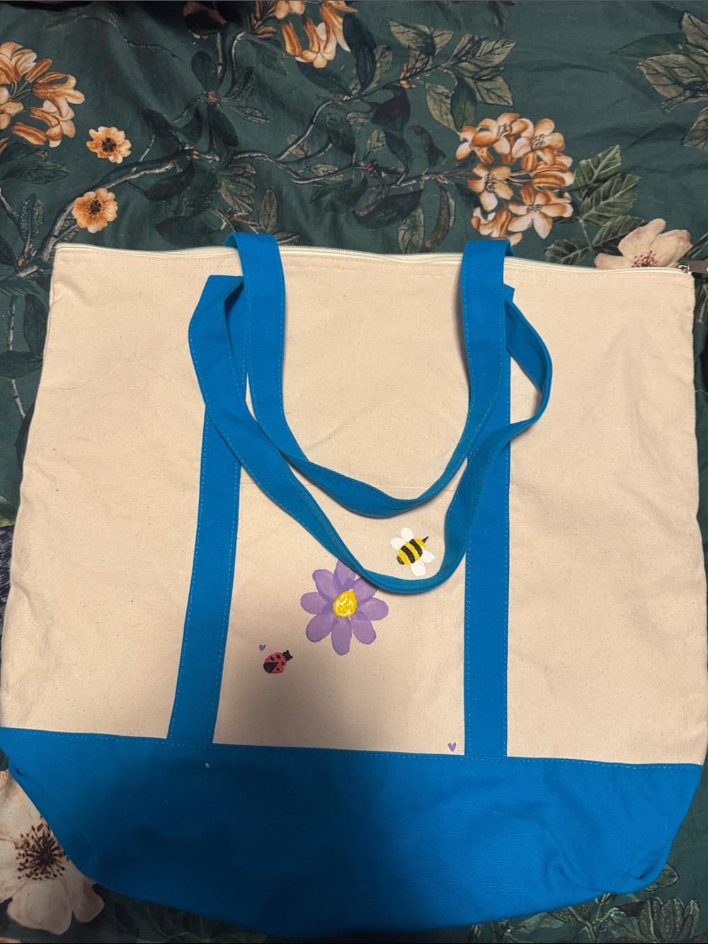 Canvas Tote Bag with Blue Trim and Floral Bee Design